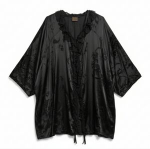 URU OS Black 100% Silk Burnout Ruffle Open Front Tie Neck Kimono with Pockets